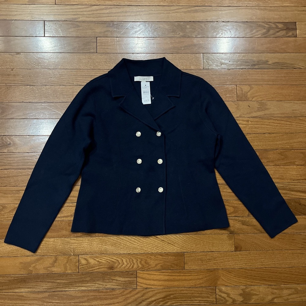 LOFT Navy Blue Double Breasted Blazer Silver Buttons Women's Medium NWT